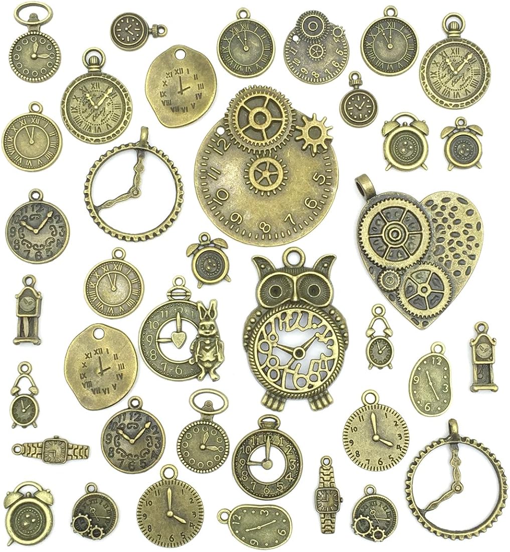 Antiqued Bronze Clock Face Charm Pendant, JIALEEY Wholesale Bulk Lots Mixed Gears Steampunk Charms Pendants DIY for Necklace Bracelet Jewelry Making and Crafting, 100g(38PCS)