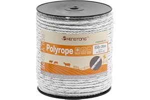 HENGTONG Electric Fence Poly Rope 656ft (200m), 1/4 inch (6mm) Upgraded Portable Polyrope, 6 x 0.18mm Strong SS Conductors, Electric Fence Rope for Horses, Safe Enough for Large Animals (White)