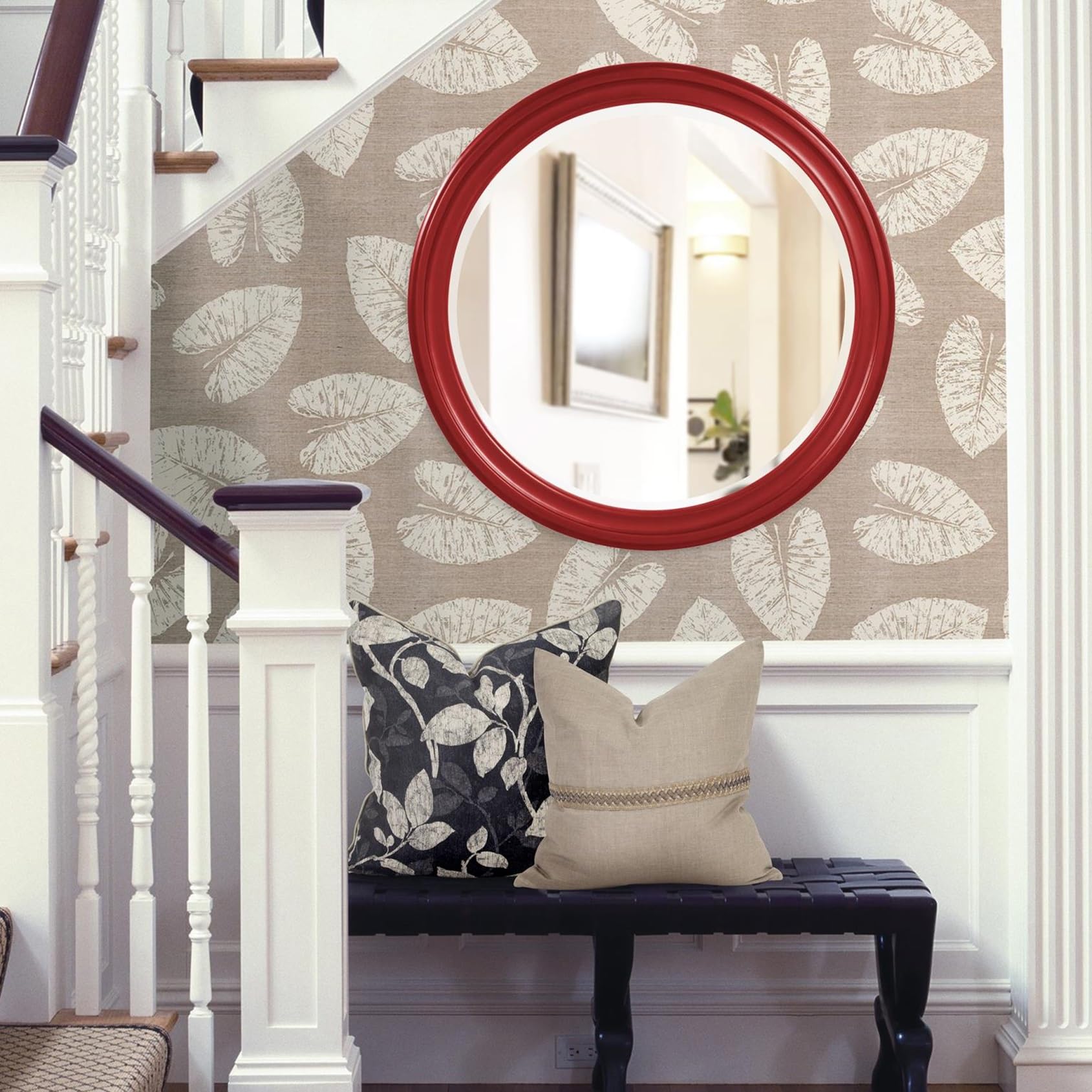 Howard Elliott George Round Glossy Red Wall Mirror, Bevelled Vintage Hanging Wood Framed Vanity Mirrors for Home Decor, Living Room, Bathroom, Bedroom, or Hallway, 36 Inch Round