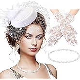 3 Pieces Fascinator Hat for Women Tea Party Derby Hat with Veil Feather Funeral Headpiece Lace Gloves Pearl Necklace (White)