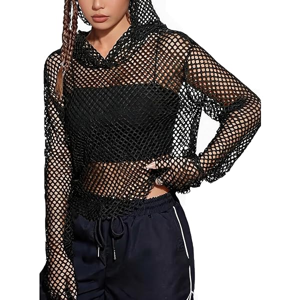 Verdusa Women's Sexy See Through Fishnet Long Sleeve Drawstring