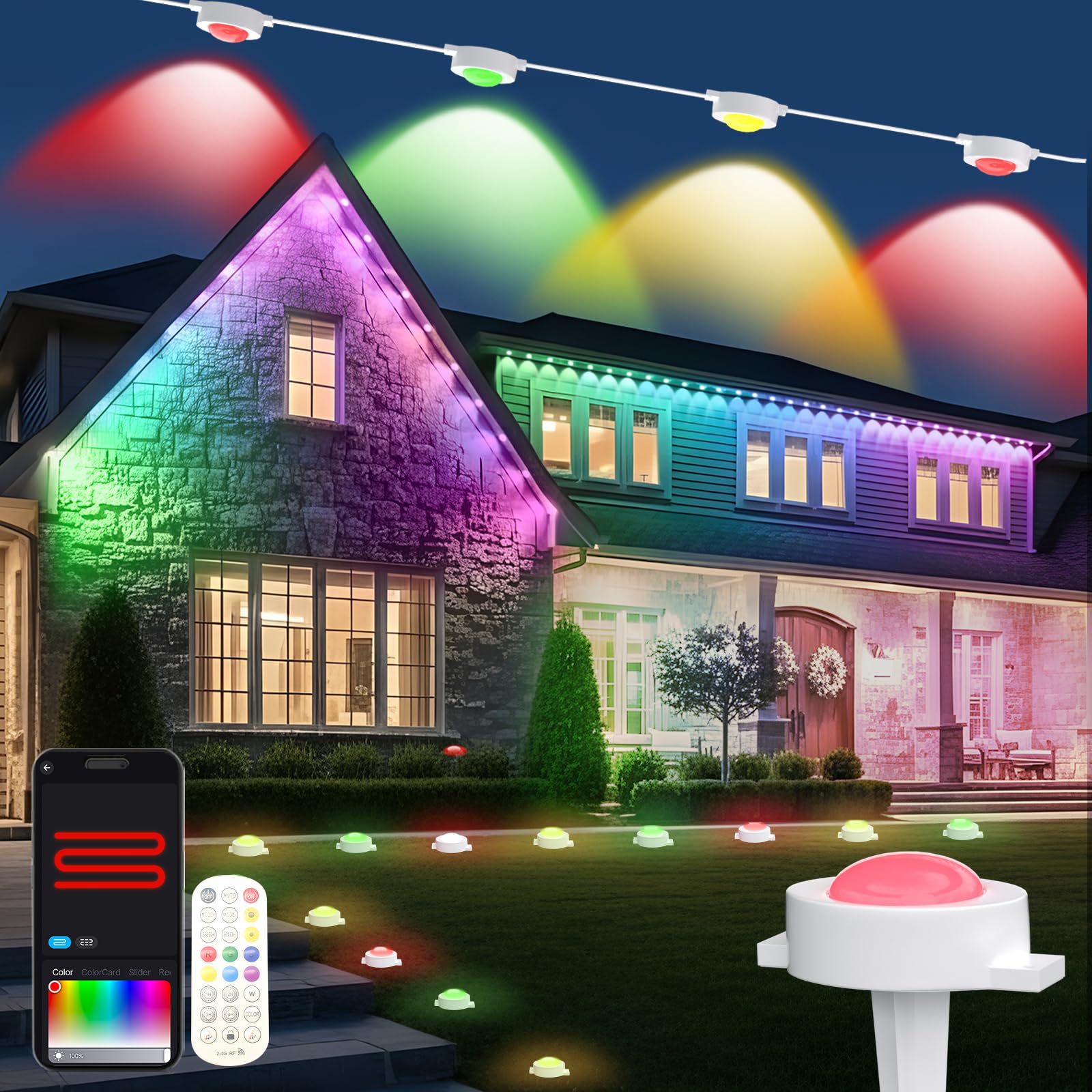 Photo 1 of 100ft Smart Permanent Outdoor Lights for House, RGB+IC Christmas Eave Lights, 90 Modes, App/Remote Control, IP65 Waterproof, 2-in-1 Roof /Patio Lighting for Christmas, Daily/Holiday Decor, 60Leds