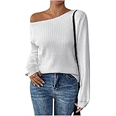 Verdusa Women's Off The Shoulder Sweater Long Sleeve Ribbed Knit Casual Loose Pullovers