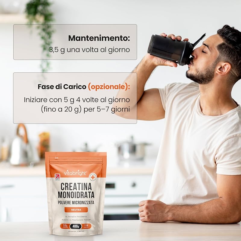 Creatina Monoidrata in Polvere Micronizzata | Busta da 400g | 114 Porzioni | Creatina Monohidrato Polvere Ultra Fine 200 Mesh a Rapido Scioglimento (Non Capsule) | Vitabright Creatine Monohydrate
