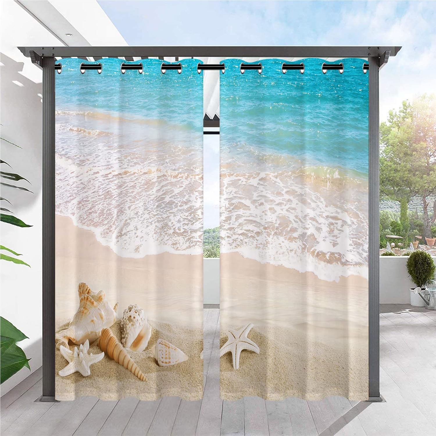 Outdoor Curtains - ANHOPE Outdoor Curtains Waterproof Grommet Outside Curtains with Tropical Coastal Ocean Beach Print Pattern Privacy Window Drapes for Patio Gazebo Pergola Porch Cabana Deck 2 Panels 54 x 108 Inch