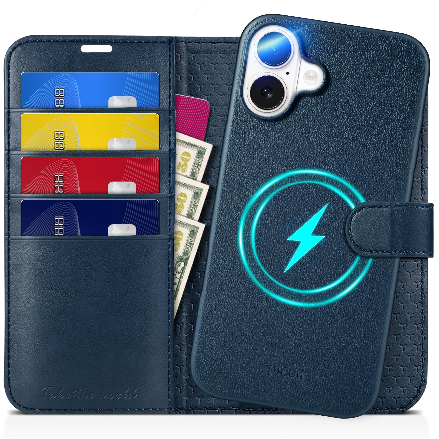 TUCCH Wallet Case for iPhone 16 Plus (6.7"), 2-in-1[Detachable] RFID Blocking[Card Holders][Wireless Charging][Kickstand] Protective Case, Magnetic PU Leather Removable Folding Flip Cover, Full Blue