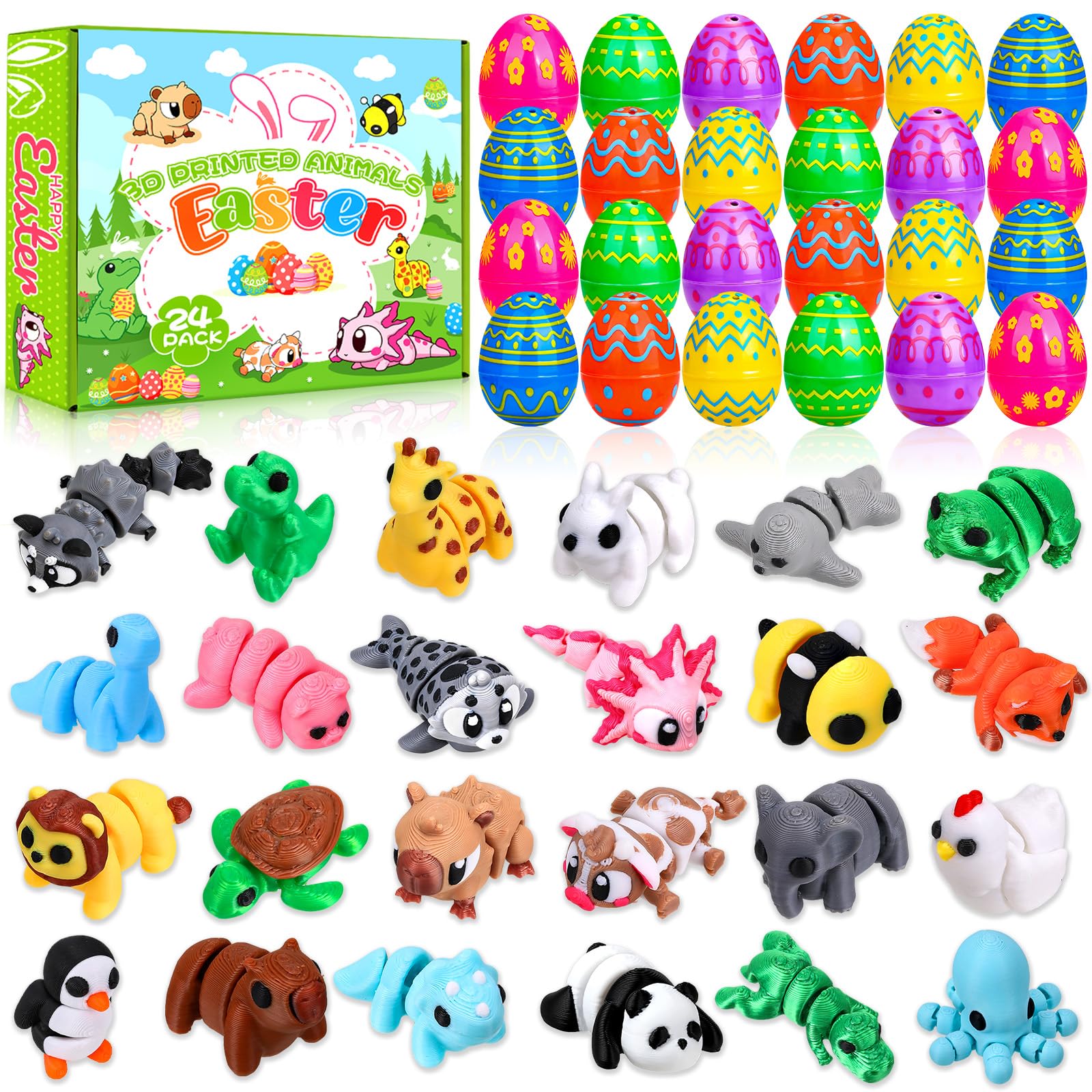 SZCECHRE 24 Pack Prefilled 3D Printed Animals with Easter Eggs Set Easter Day Gift Figurines Gifts Toys for Kids Basket Stuffers Classroom Prizes Exchange Party Favors