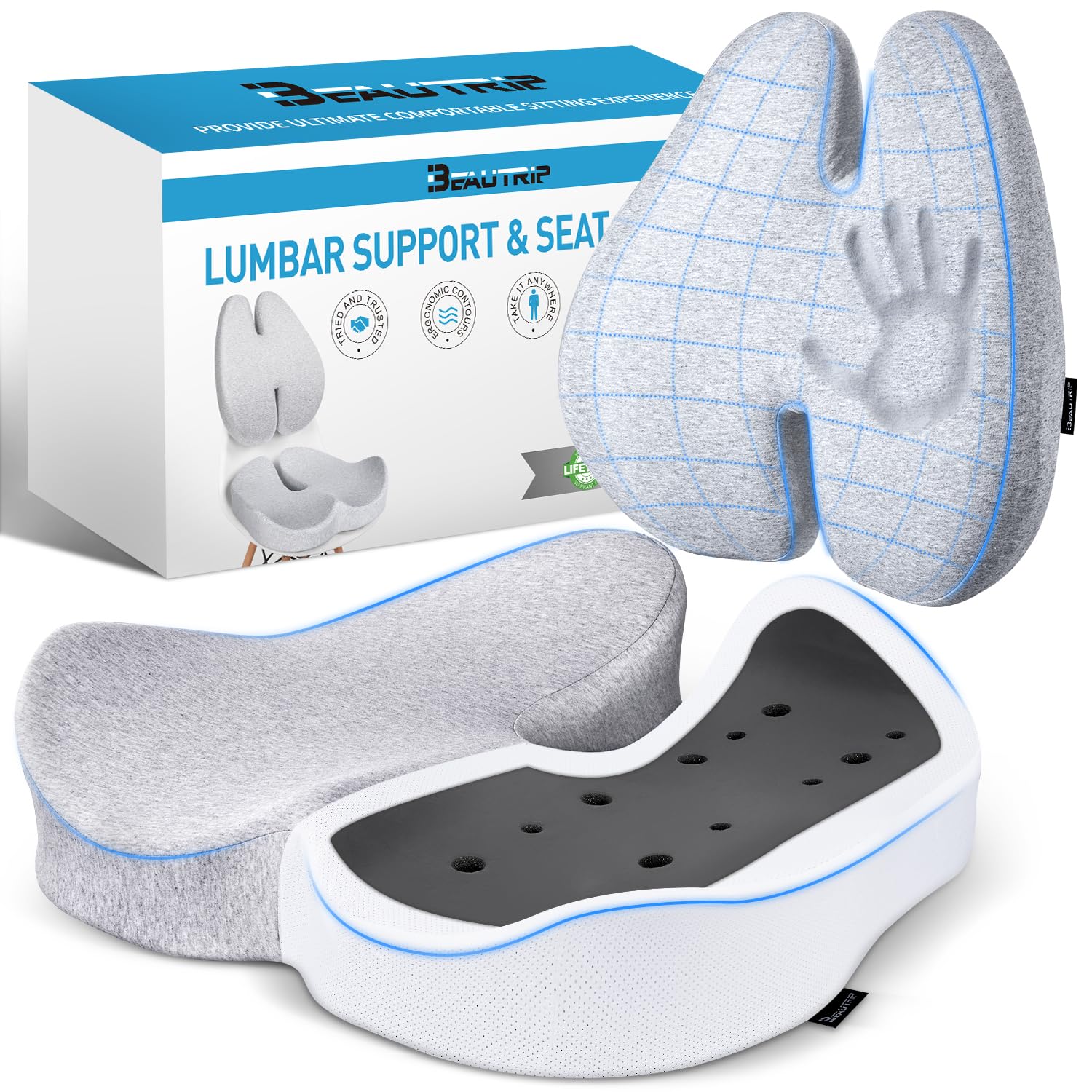 BEAUTRIP Seat Cushion & Lumbar Support Pillow for Office Chair, Car & Wheelchair - Ergonomic Coccyx Cushion for Tailbone, Sciatica & Back Pain Relief - Extra-dense Charcoal Memory Foam Chair Cushions