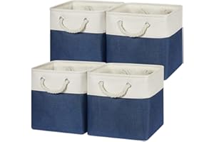 Temary Fabric Storage Cubes 11x11 Cube Storage Bins 4Pack Blue Basket for Organizing Home, Closet, Empty Gift Baskets with Handles (White&Blue)