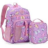 VASCHY Toddler Backpack Lunch Bag Set, Girls School Bookbag Insulated Lunch Box for Kids Preschool,Daycare,Kindergarten,Elementary School Butterfly