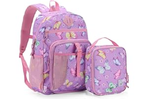 VASCHY Toddler Backpack Lunch Bag Set, Girls School Bookbag Insulated Lunch Box for Kids Preschool,Daycare,Kindergarten,Elementary School Butterfly