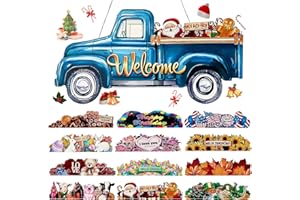AKAIXI Interchangeable Welcome Sign, Seasonal Truck Welcome Sign Holiday Decor Interchangeable Door Sign with 12 Holiday Icons for Christmas Holiday Wall Home Decorations
