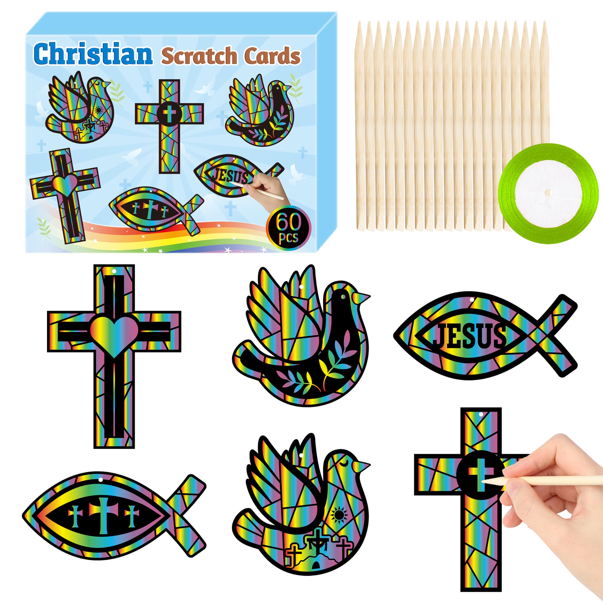 WATINC Christian Cross Scratch Cards - 60pcs Geometric Cross Magic Scratch Paper DIY Art Ornaments, Color Crafts Kit for Kids, Christian Religious Sunday School Classroom Supplies Decorations