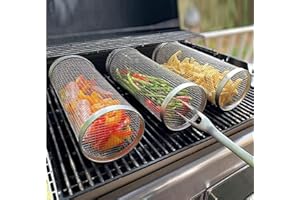 AYEBEAU BBQ Creative Rolling Grilling Basket, 11.8in Versatile Round Grill Cooking Accessories BBQ Net Tube, Portable Outdoor Camping Barbecue Rack, Rolling Grill Basket, Camping Picnic Cookware