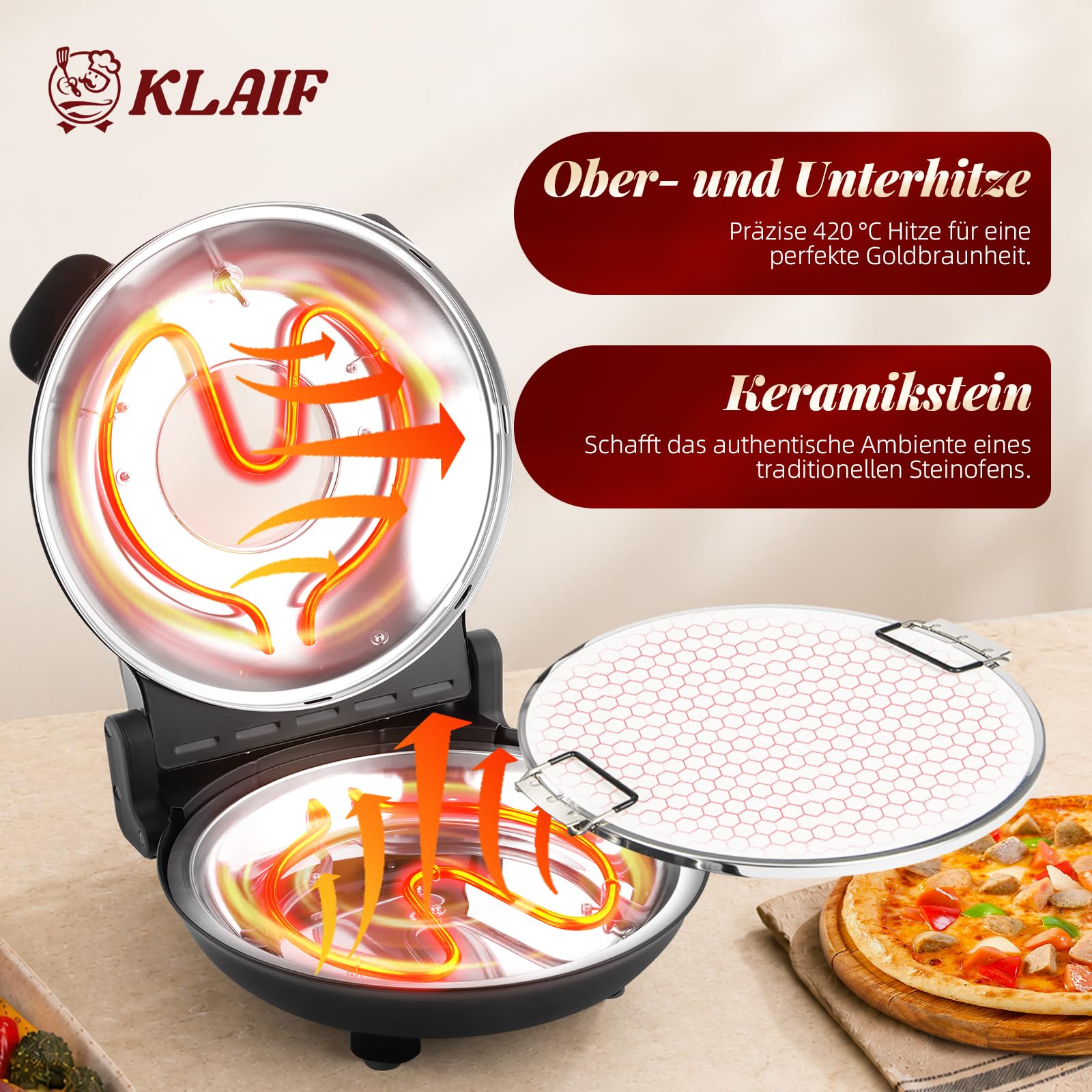 KLAIF Elektrischer Pizzaofen 420 °C, separat regelbare Ober- und Unterhitze, 31 cm Keramik-Pizzastein, 1200 W, Kompakter Pizzaofen für Zuhause, LM-Schwarz 2