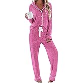 Ekouaer Women's Pajamas Long Sleeve Sleepwear Casual Button Down Loungewear Soft Pjs Set S-XXL