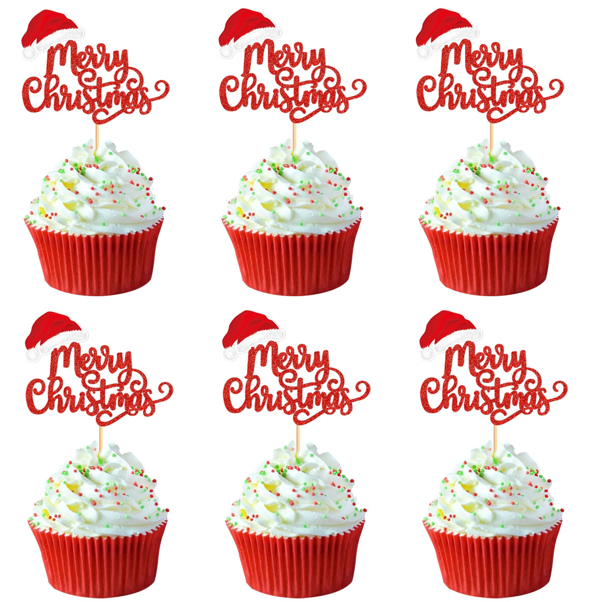 24 Pcs Merry Christmas Cupcake Toppers - Red Christmas Cake Toppers Toothpick Flags for Cake Decorations & Party Supplies