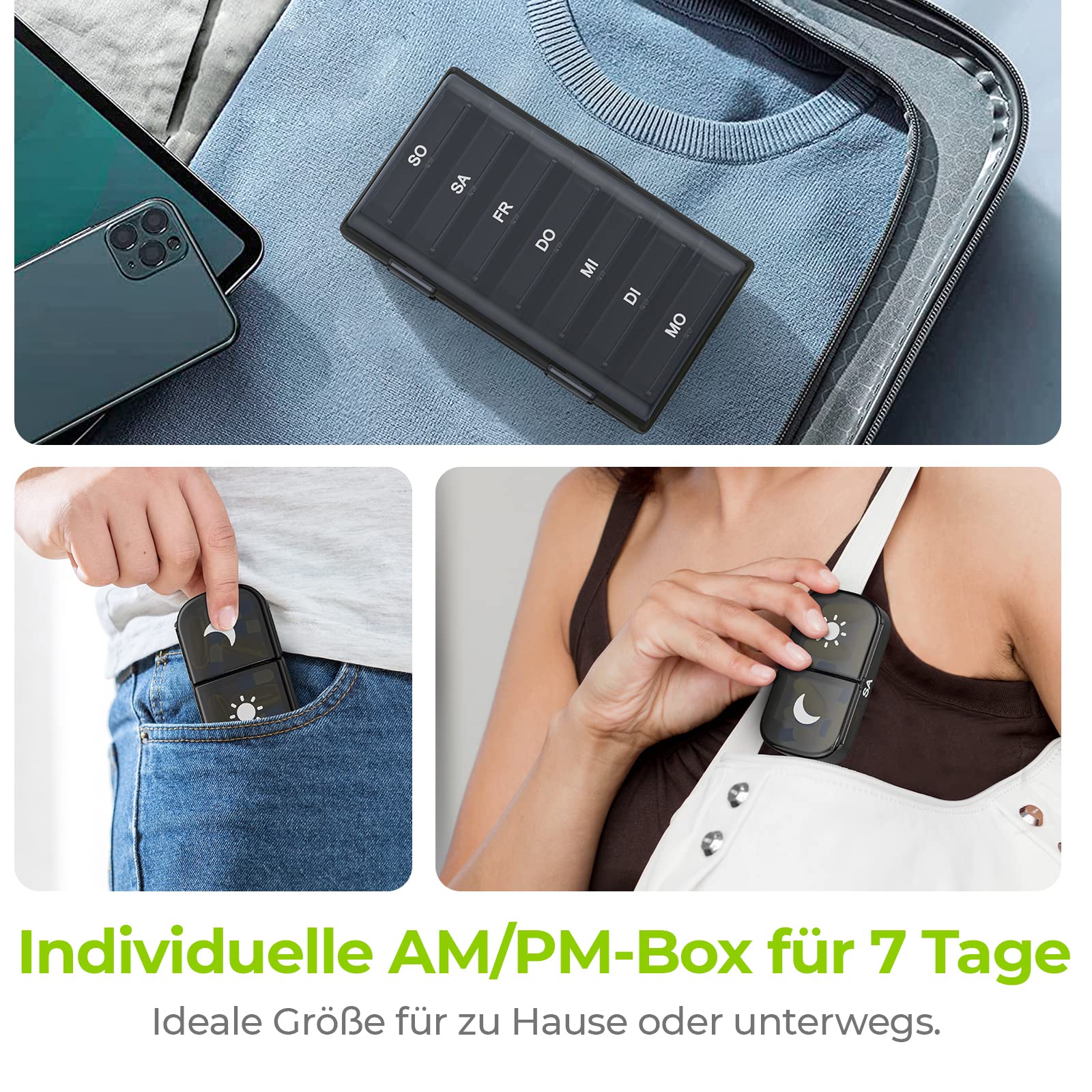 AUVON Tablettenbox 7 Tage Morgens Abends, Handlicher Medikamentenbox Pillendose mit großen Fächern & Privacy-Schutz in Schwarz - Ideal für Medikamente, Vitamine, Fischöl & Nahrungsergänzungsmittel 6