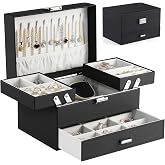 Dajasan Jewelry Organizer Box, Large Jewelry Boxes for Women Girls, Space-Saving 3 Layers Jewelry Storage Case with Drawer, Movable Metal Stand, Modern, Gift Idea (Black)