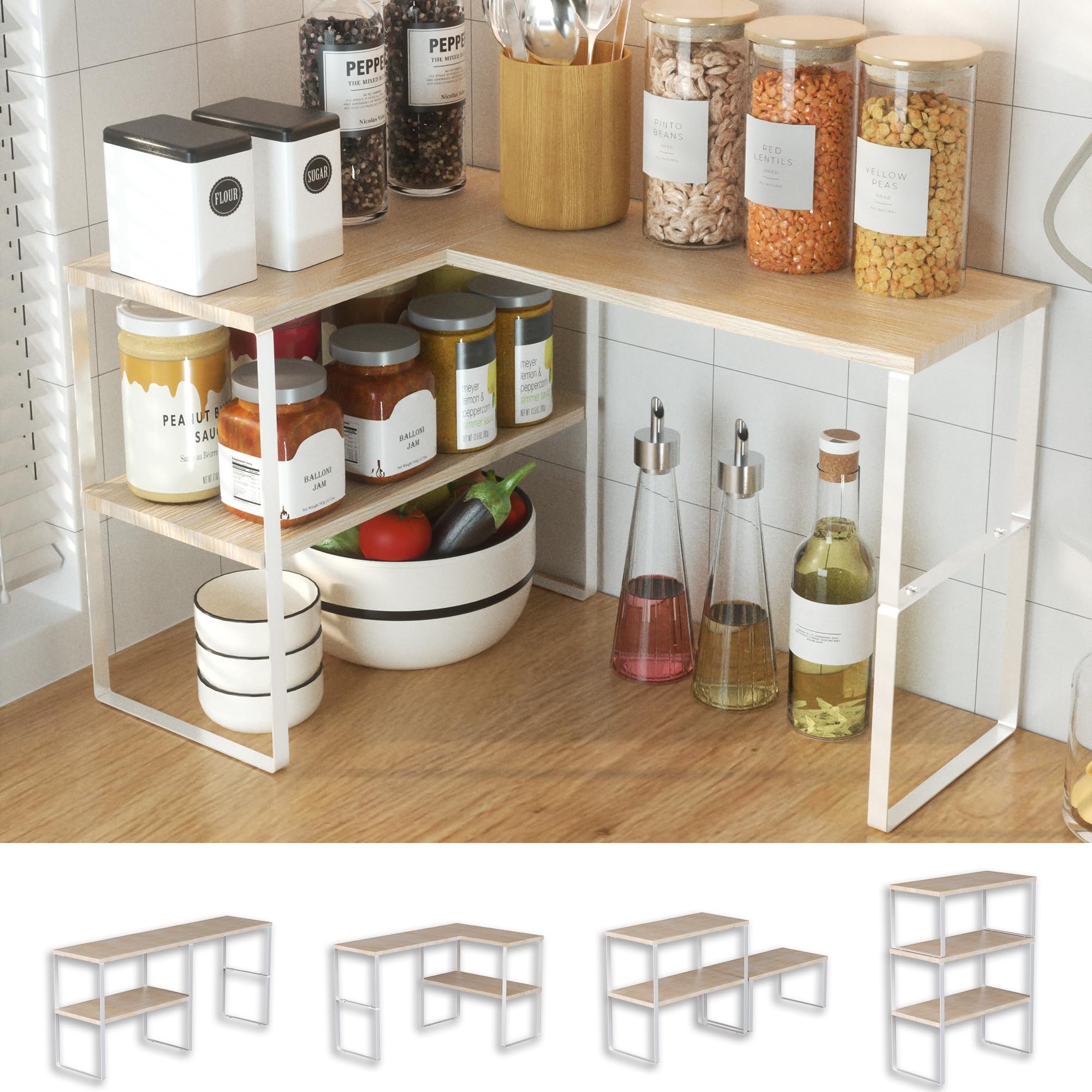 Photo 1 of Golener Countertop Organizer Corner Shelf, 2 Tier Adjustable Stackable Corner Shelves for Kitchen, Bathroom, Spice Rack, Coffee Bar, Over Sink, Dresser Table, Corner Counter Shelf Stand, Natural Beige