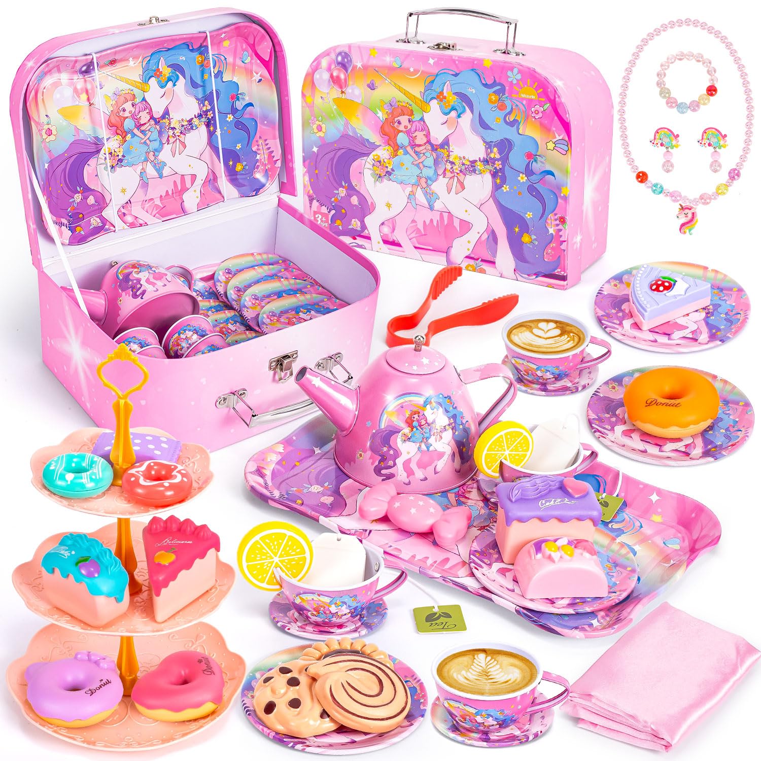 Photo 1 of Unicorn Tea Party Set for Little Girls, Toddler Princess Toy Tea Set, Pretend Play Teapot Dessert Tea Cup Set Food Kitchen Playset, Birthday Unicorn Gift for 3 4 5 6 7 8 Year Old Girl