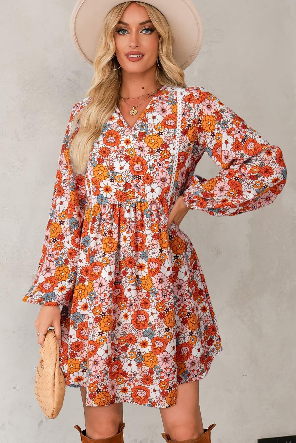 Dokotoo Women's V Neck Embroidered Lace Trim Flowy Dress Long Peasant Sleeve Floral Print A Line Mini Dress Summer Dresses for Women Orange Medium - Image 3