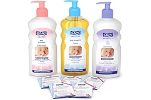 SUPERPHARM Dr. Fischer Sensitive Baby Bath Set - Baby Bath Wash, Tearless Shampoo, Lotion, & Eye Care Wipes, Baby Bath Essentials - Vitamin Rich Baby Wash Set, Baby Wash and Shampoo Sets - Daily Baby Skin Care