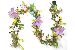 Gudegou 6FT Easter Garland for Mantle, Lighted Egg Garland with Butterfly Flower, Faux Greenery Spring with Timer for Summer Fireplace Outdoor Decorations