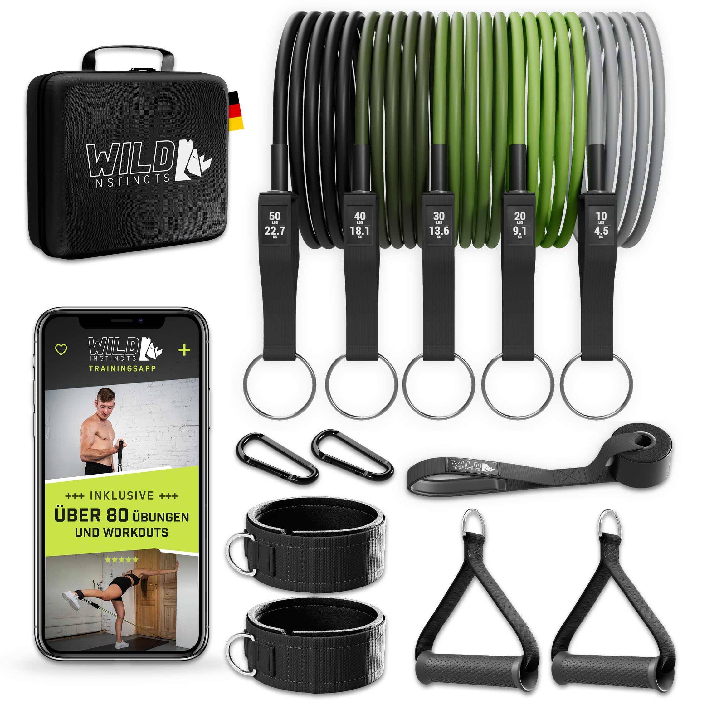 Wild Instincts Resistance Bands Set | Resistance Bands with Handles | Fitness Bands with App | Expander Tubes with Handles, Door Anchors and Foot Loops| Indoor & Outdoor