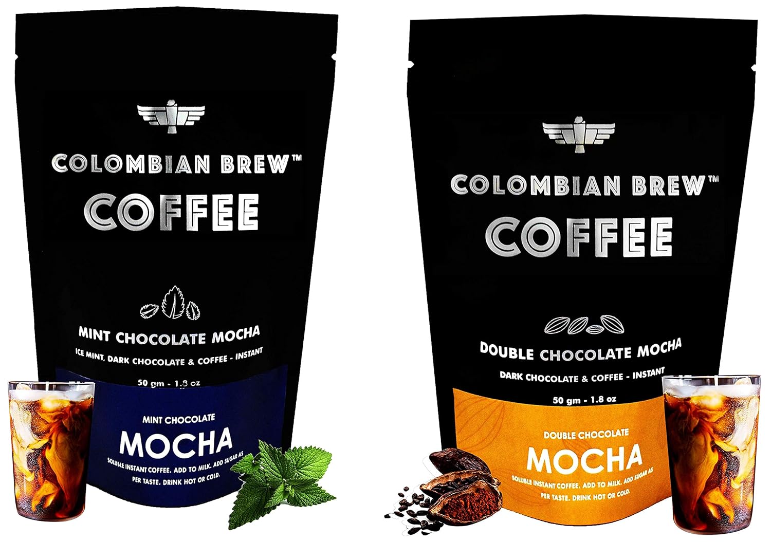 Colombian Brew Coffee Mint Chocolate Mocha Instant Coffee, Vegan 50gm & Double Chocolate Mocha