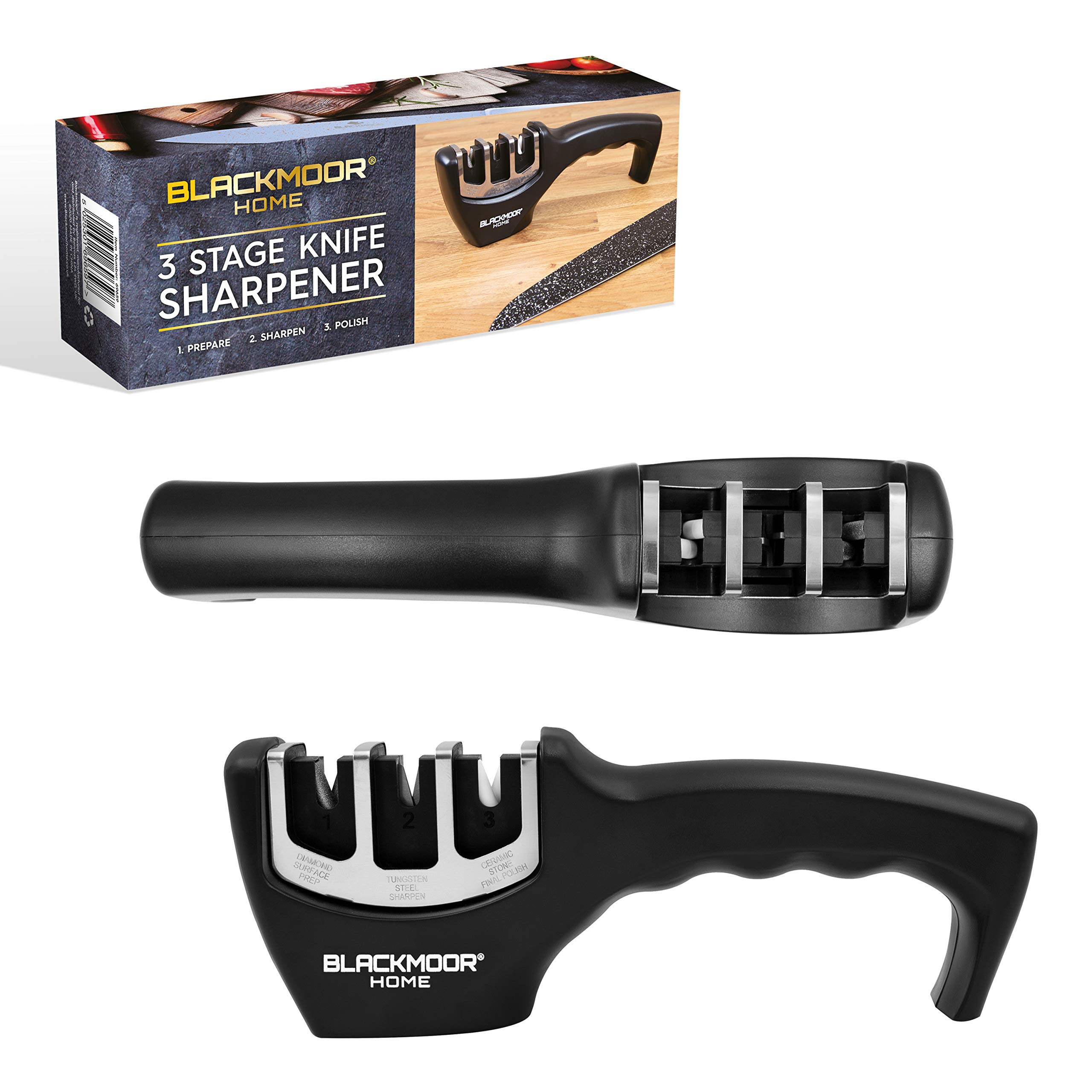 Blackmoor Home 69659 3 Stage Knife Sharpener | Ergonomic Design | Widely Compatible | Easy to Use and Store