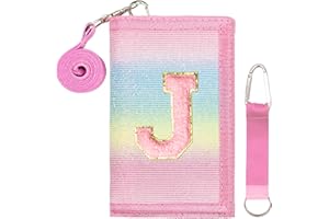 SiorVeol Girls Wallet for Kids Initial Glitter Wallets Trifold with Zipper and Card Slots Including Neck Lanyard and Hanging Strap, Rainbow with Stripes, J