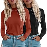 Ficerd 2 Pack Women's Mock Neck Shirts, Long Sleeve Turtleneck Tops Casual Comfy T Shirts Stretch Fitting Trendy Tee