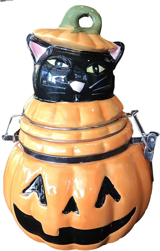 Halloween Pumpkin Black Cat Cookie Canister, 7.5 High X 4.5