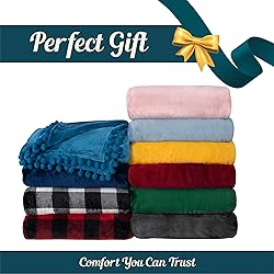 PAVILIA Teal Blue Throw Blanket Pom Pom for