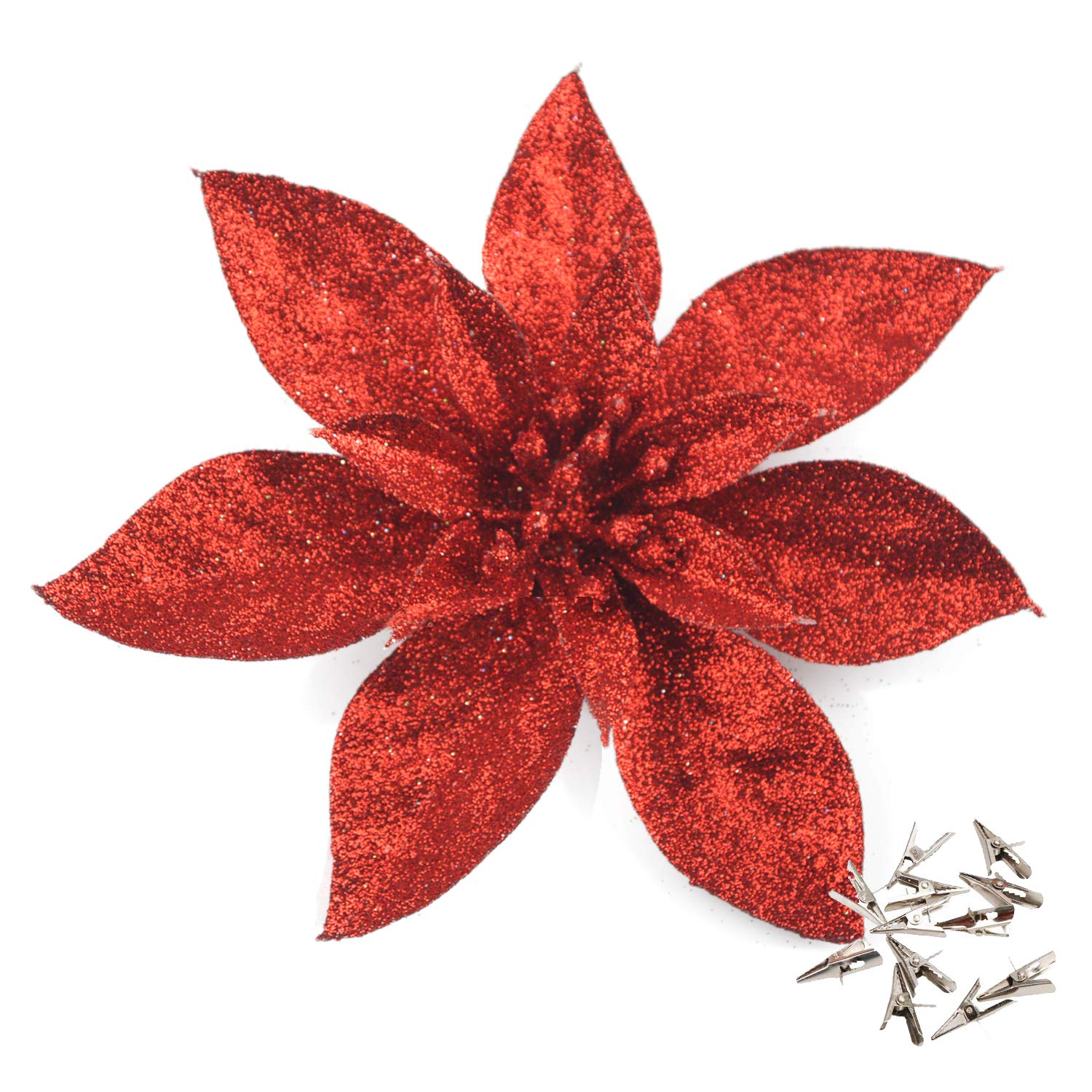 GL-Turelfies 12 Pcs Glitter Christmas Flowers(16cm/6.3’’) with 12 Pcs Clips Artificial Poinsettia Flower Christmas Tree Flower Decorations Xmas Tree Ornaments (Red)