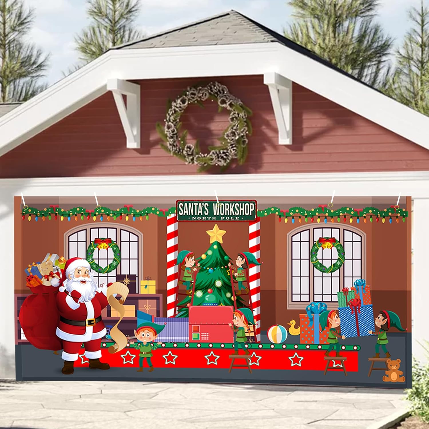 Garage Door Decorations - Christmas Santa Holiday Garage Door Banner Decorations 6 x 13 ft Christmas Factory Winter Large Door Cover Decoration Outdoor Holiday Decoration
