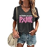LAZYCHILD Breast Cancer Shirt Women Breast Cancer Awareness Pink Ribbon T-Shirt Cancer Survivor V-Neck Tops