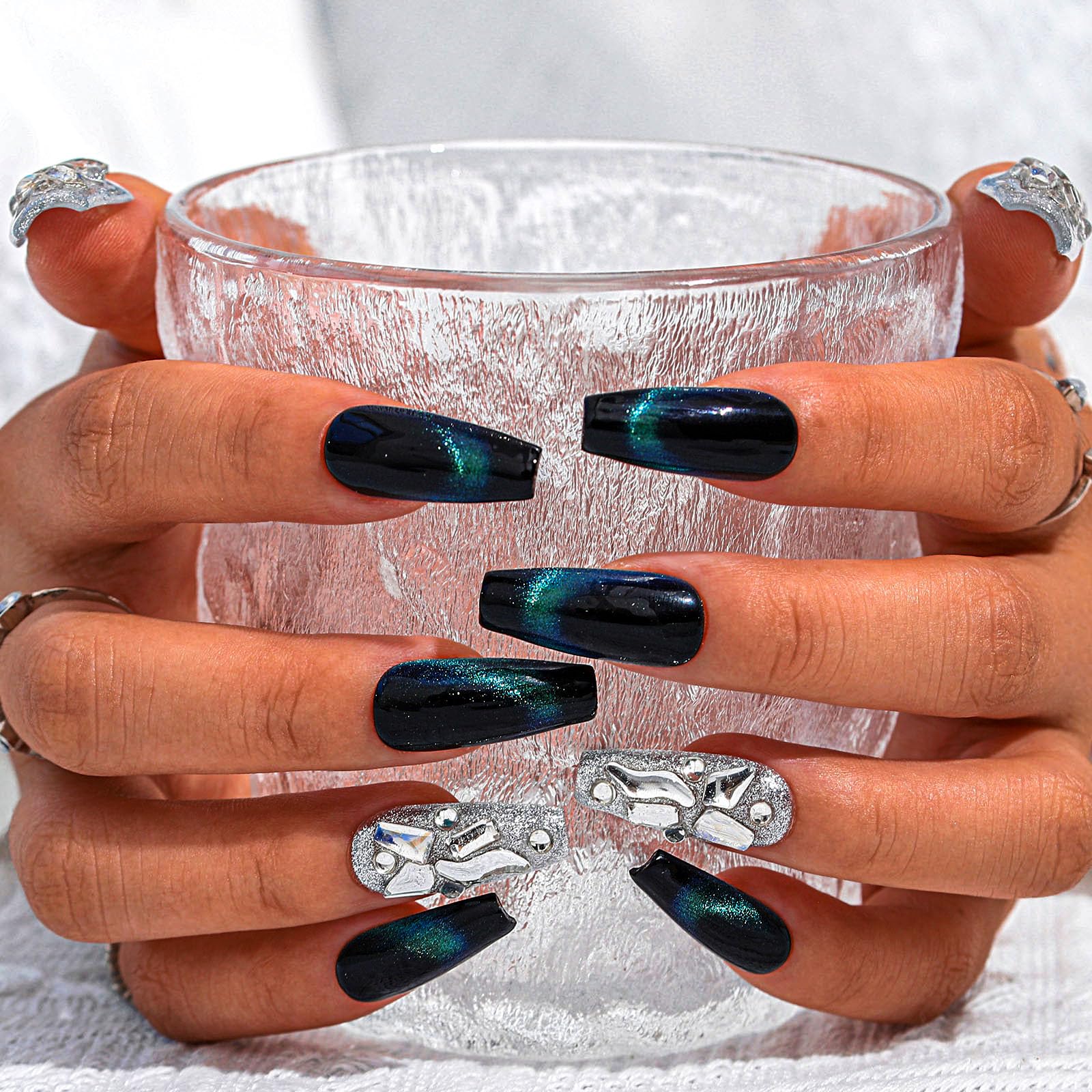 Sethexy Glitter Rhinestone Long Coffin Fake Nails Cat Eye Handmade False Nail Green Crystal Glossy Press on Nail Salon Durable Quality Nails for Women and Girls(C)