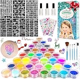 AUKZON Glitter Tattoo Kit Kids 36 Colors Stencils 215 Rhinestones Skin Friendly view 1