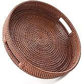 HITOMEN 11.8" Hand-Woven Round Rattan Serving Tray Decorative Wicker Trays with Handles for Coffee Table (Brown-M)