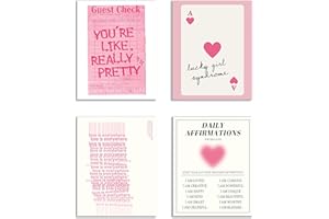 KEUSPI Trendy Y2K Pastel Pink Daily Affirmations Aura Lucky Girl Syndrome Guest Check Poster Prints For Preppy Room Dorm Decor,Trendy Decorations Prints Wall Art Unframed 8x10 Inches Set of 4