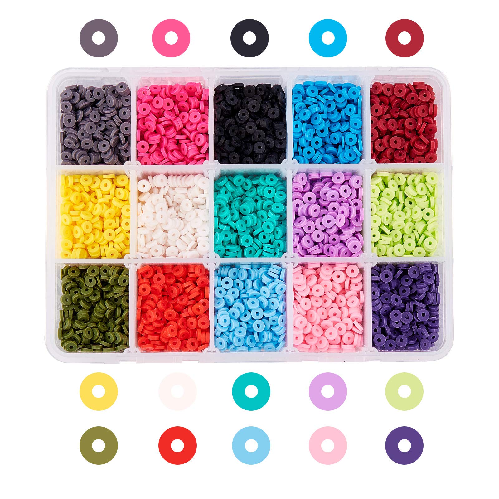 NBEADS 5700 Pieces 15 Colors Handmade Polymer Clay Beads, 4mm Flat Round Spacer Beads for DIY Jewelry Making, Hole: 1mm