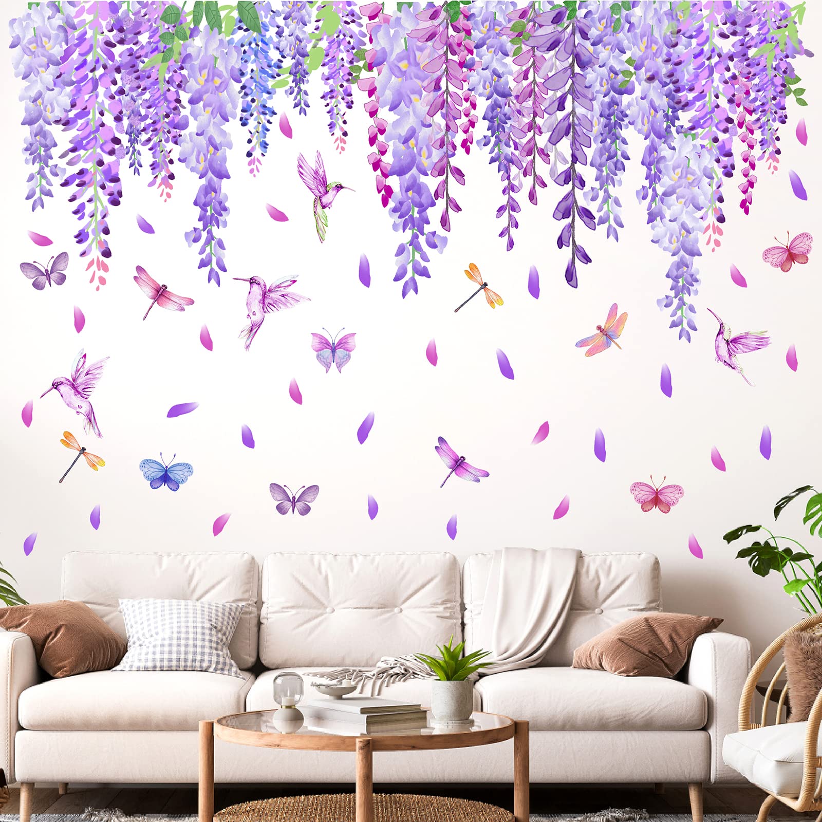 Flower Vine Wall Stickers Hanging Flower Wall Stickers Purple Floral Wall Decals Peel and Stick Wisteria Window Decals Summer Garden Flowers Wall Decals for Bedroom Living Room Decor — image 1