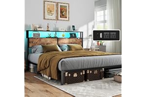 RVONOW King Size Bed Frame with Headboard, Metal Platform Bed Frame with LED Lights & Charging Station, Under Bed Storage, Solid and Stable, No Box Spring Needed, Noise Free, Easy Assembly, Vintage Brown
