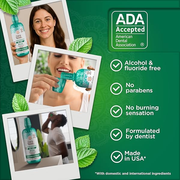 GURUNANDA FRESH BREATH MOUTHWASH, ADA-ACCEPTED, ALCOHOL & FLUORIDE-FREE, SODIUM CHLORITE, ESSENTIAL OILS & VITAMINS, 12-HRS FRESH BREATH, WILD MINT, 33.8 OZ