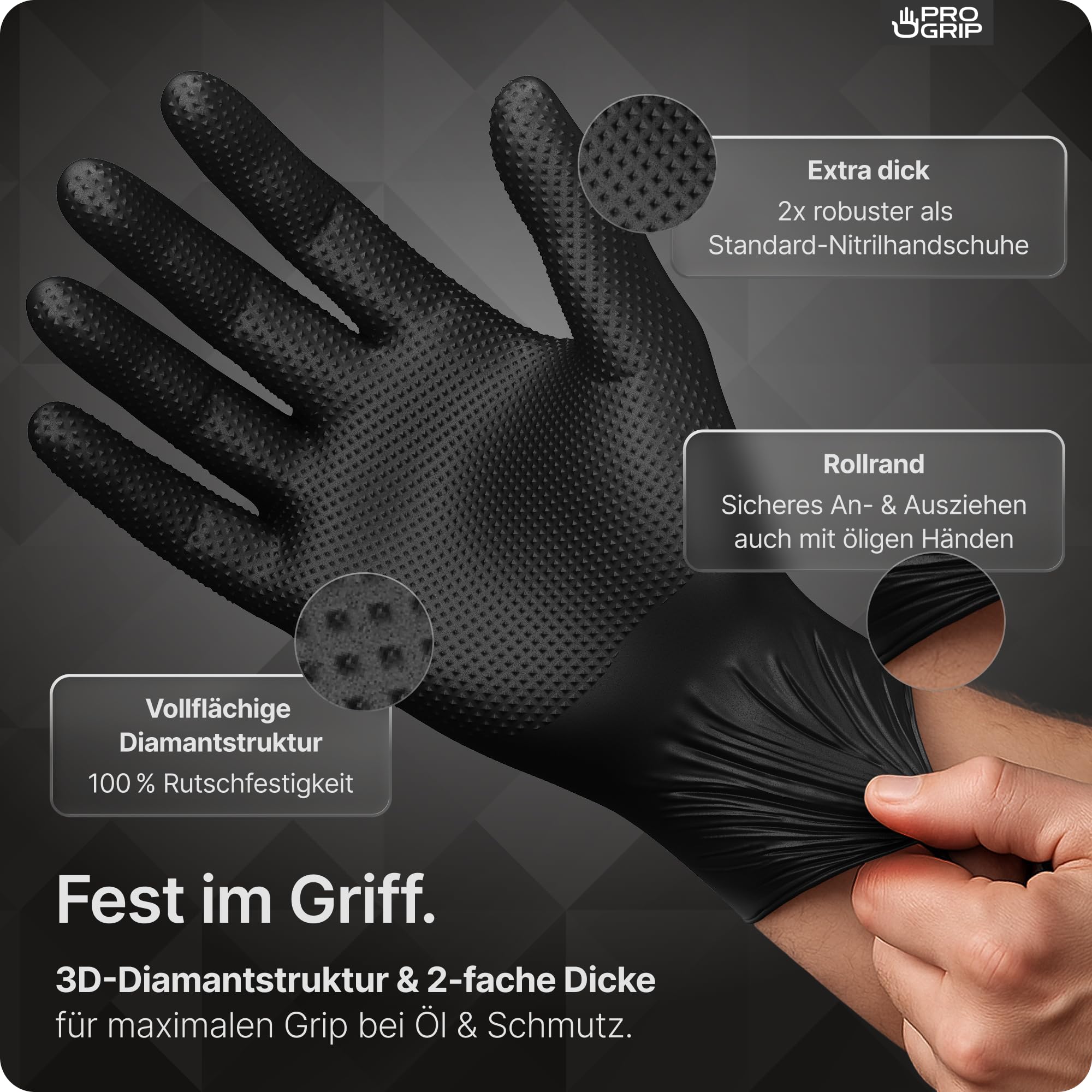 PROGRIP Einweghandschuhe Diamant Grip, Schwarz, Einmalhandschuhe Extra Stark, Nitrilhandschuhe Gr. L, 2x dicker, Handschuhe Einweg, Arbeitshandschuhe für Werkstatt & Montage, 50 Stk/Box 2