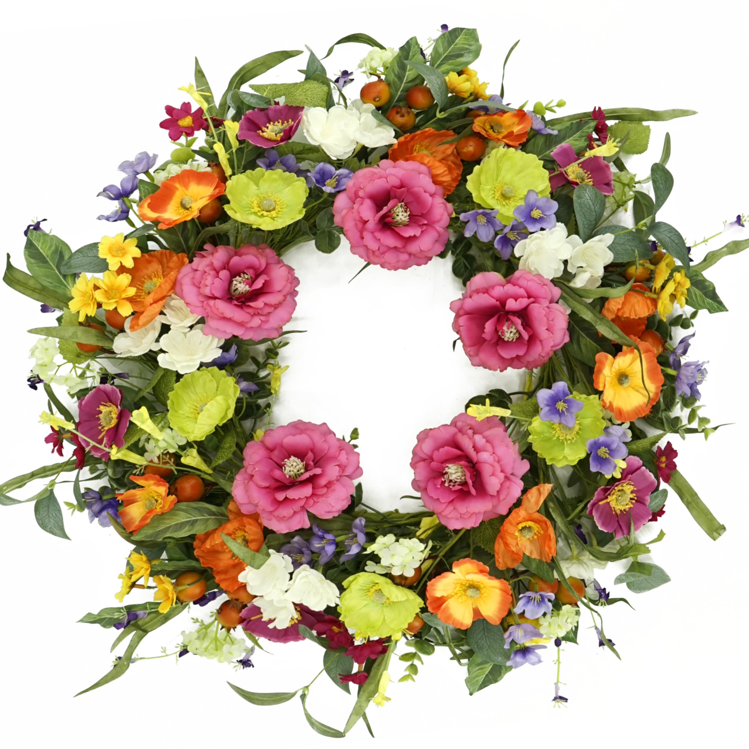 Artificial Spring Summer Wreaths for Front Door Peony Wreath Colorful Floral Wreath with Peony,Daisy,Poppy Flower Lavender for Indoor Outdoor Farmhouse Home Wall Window Festival Decoration