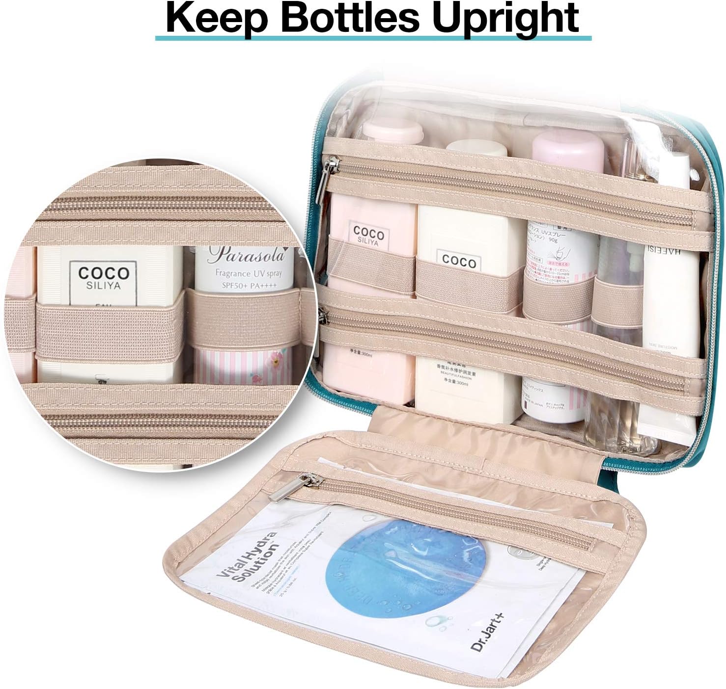 BAGSMART Toiletry Bag Hanging Travel Makeup Organizer with TSA Approved Transparent Cosmetic Bag Makeup Bag for Full Sized Toiletries, Medium-Teal