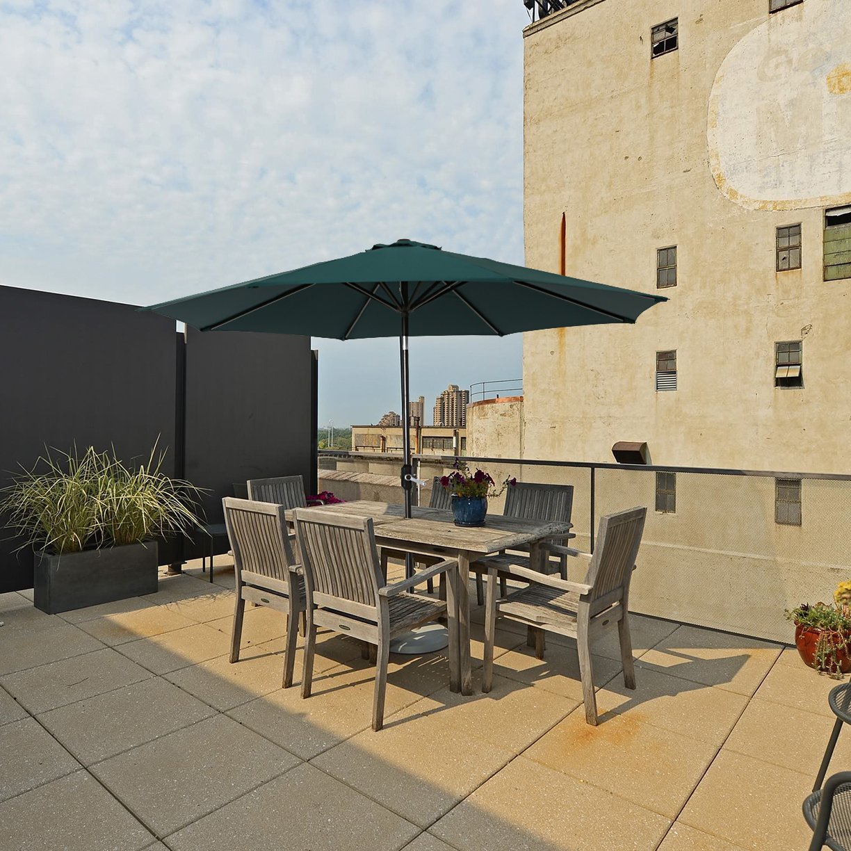 SUMBEL Outdoor Umbrella 9 Feet Aluminum Market Umbrella Table Umbrella with Push Button Tilt for Patio, Garden, Deck, Backyard, Pool, 100% Polyester, Green